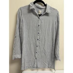 Chico’s Women’s 1 (M 8-10) Blue White Striped Button Up Roll Tab Shirt Viscose